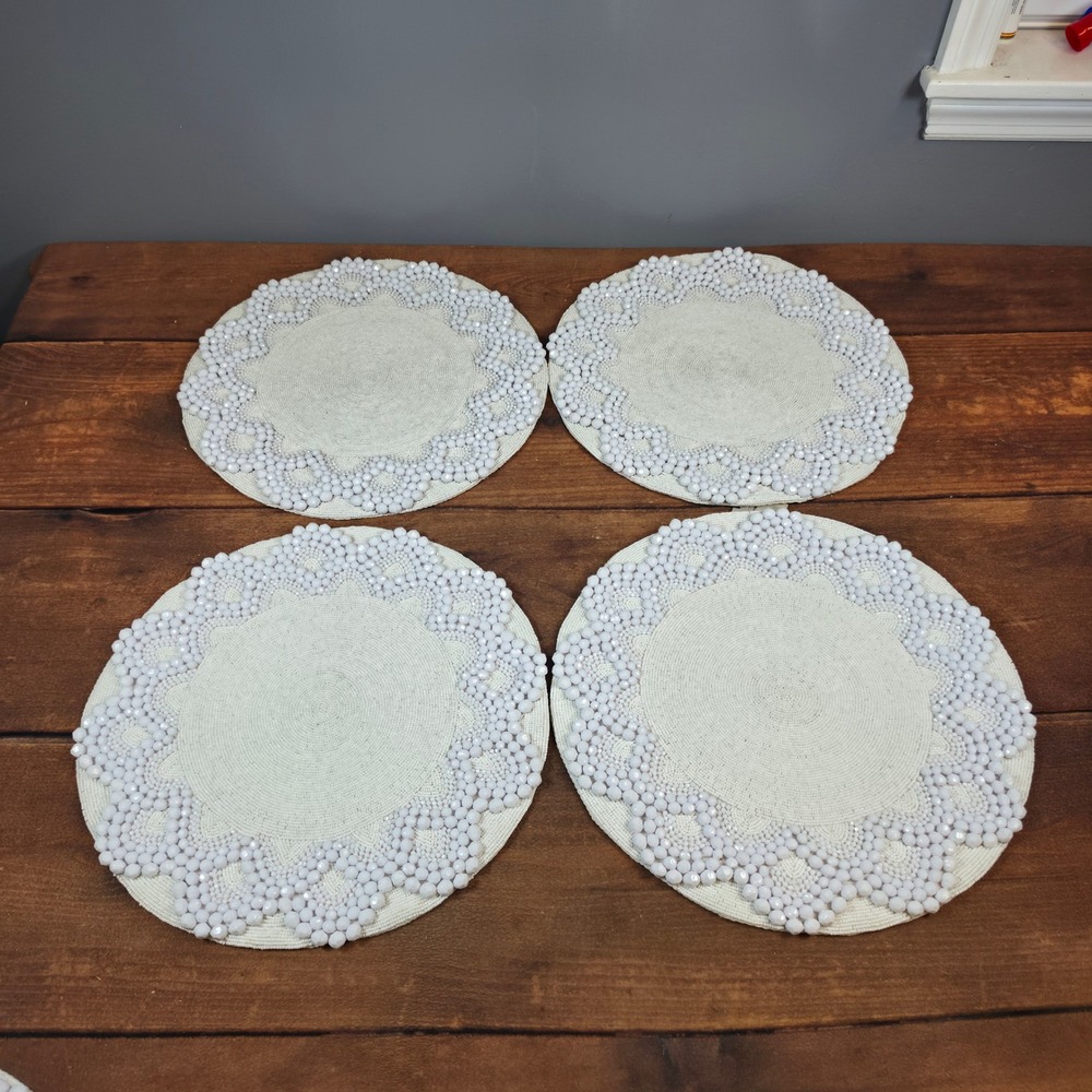 Kim Seybert Placemats Home OS White NEW Beaded Round Scalloped Set of 4 15in